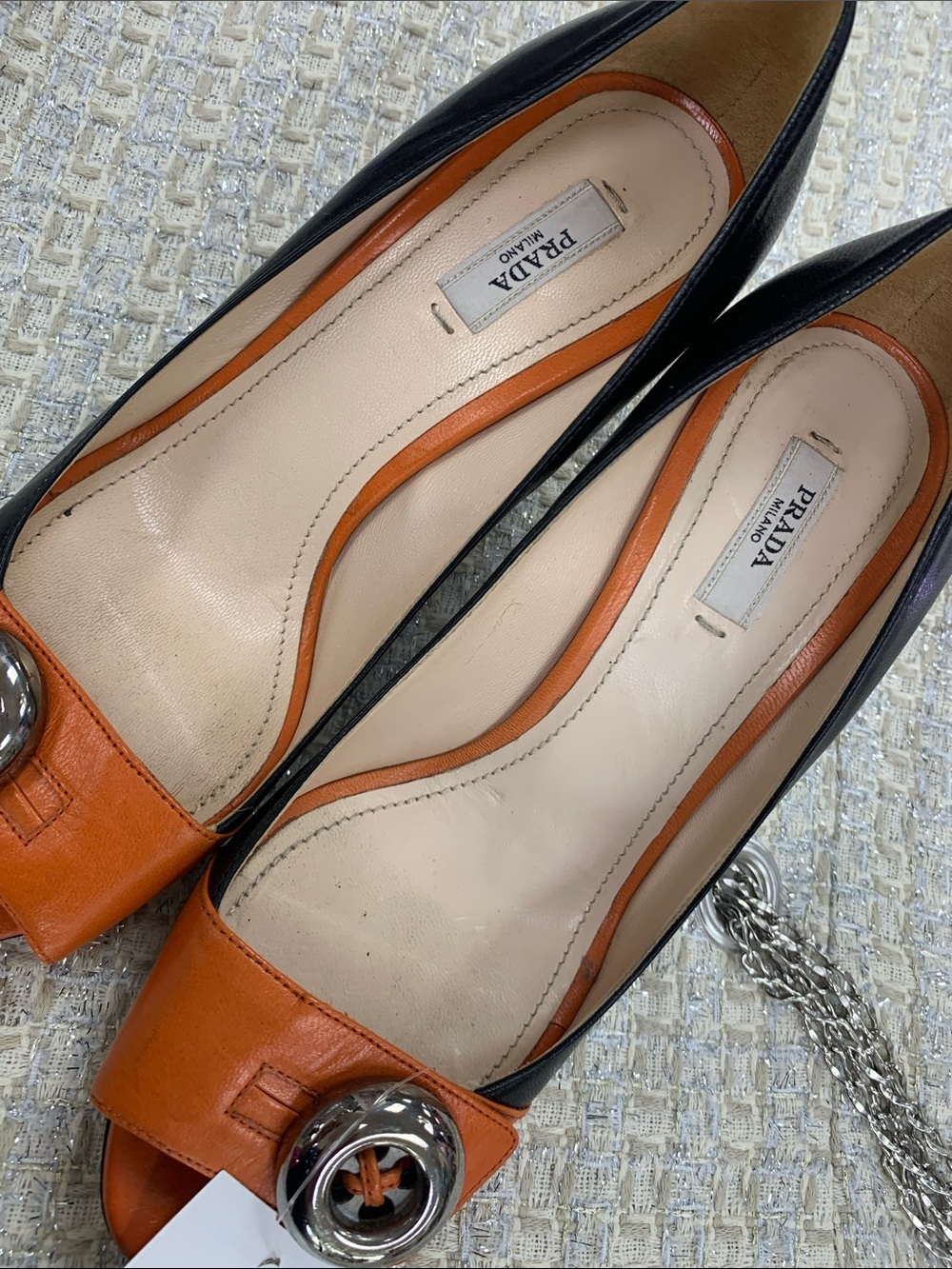 Prada Black Leather Pumps with Orange Trim and Silver Buckle - Picture 6 of 9